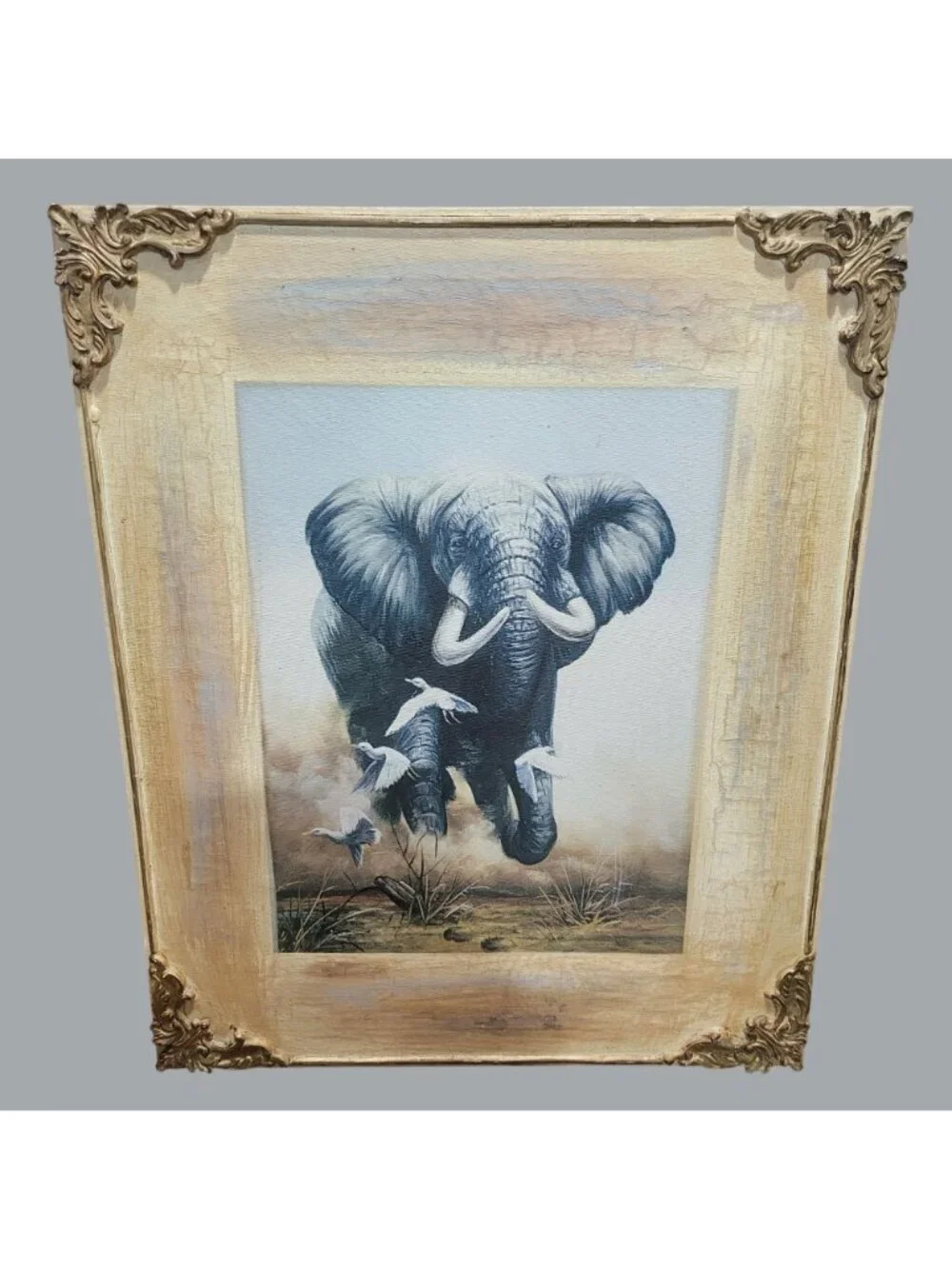 Elephant Egret Stretched Canvas Wall Art Print Wooden Frame